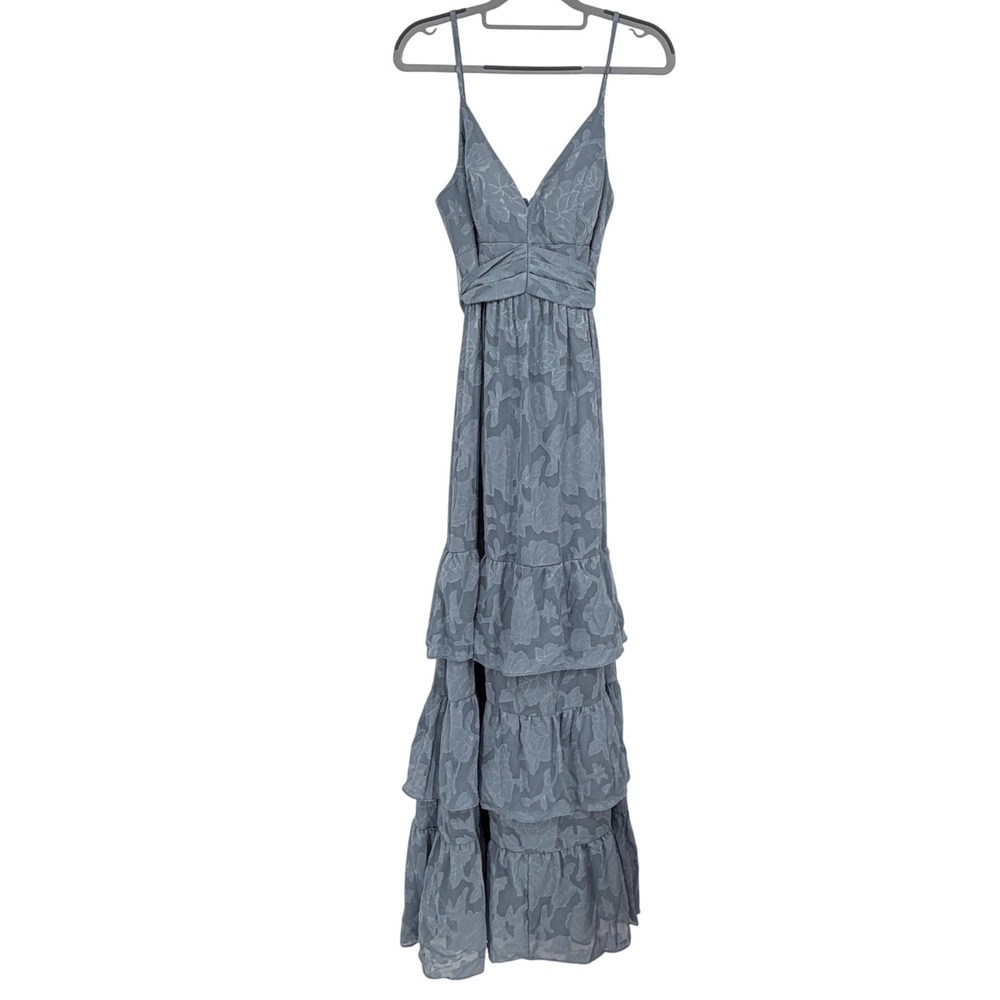Azazie Nathalia Dusty Blue Floral Burnout Tiered Bridesmaid Maxi Dress A6